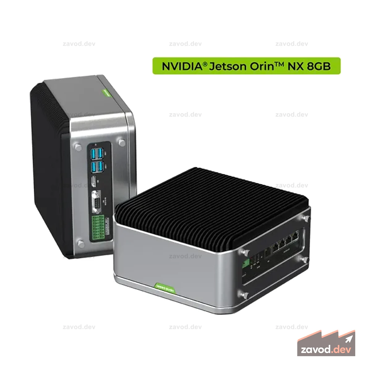 reServer Industrial J4011 — безвентиляторный NVR-сервер с поддержкой искусственного интеллекта и модулем NVIDIA Jetson Orin NX 8 ГБ, алюминиевый корпус с пассивным охлаждением, 5xRJ45 GbE с PoE, 2 отсека для 2,5-дюймовых жестких дисков/твердотельных накопителей, 1xRS232/RS422/RS485, 4xDI/DO, 1xCAN, предустановленные Система ДжетПак