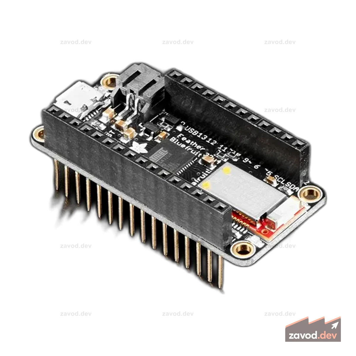 Adafruit Feather 32u4 Bluefruit LE со штабелируемыми коллекторами — в сборе
